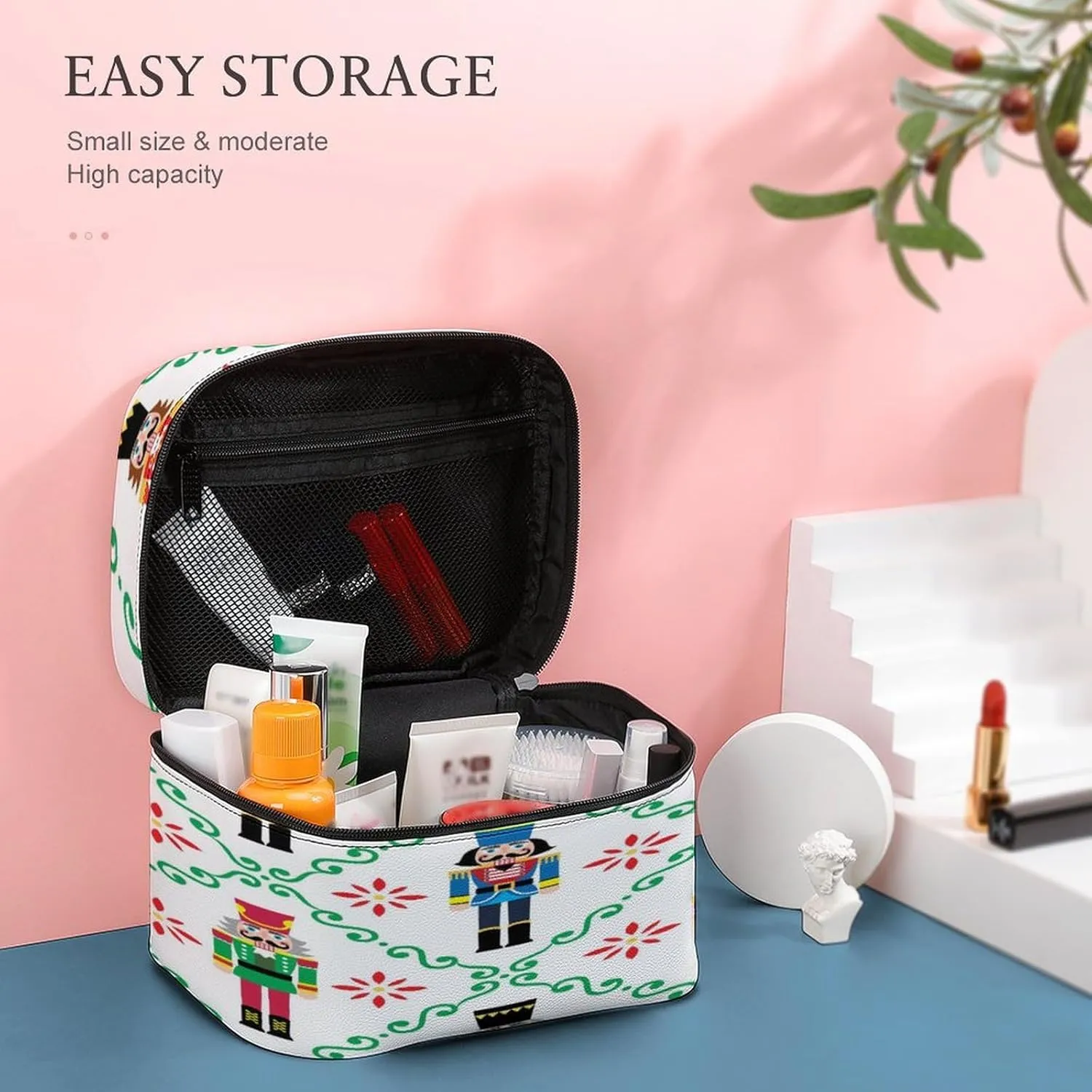 Large Women Wash Bag, Cosmetic Organizer Train Toiletry Storage Case Holder Zipper Makeup Bag Pouch 9.8x7.5x5.9 in Print Colorful Christmas Nutcrackers Seamless Soldier Figurines on White