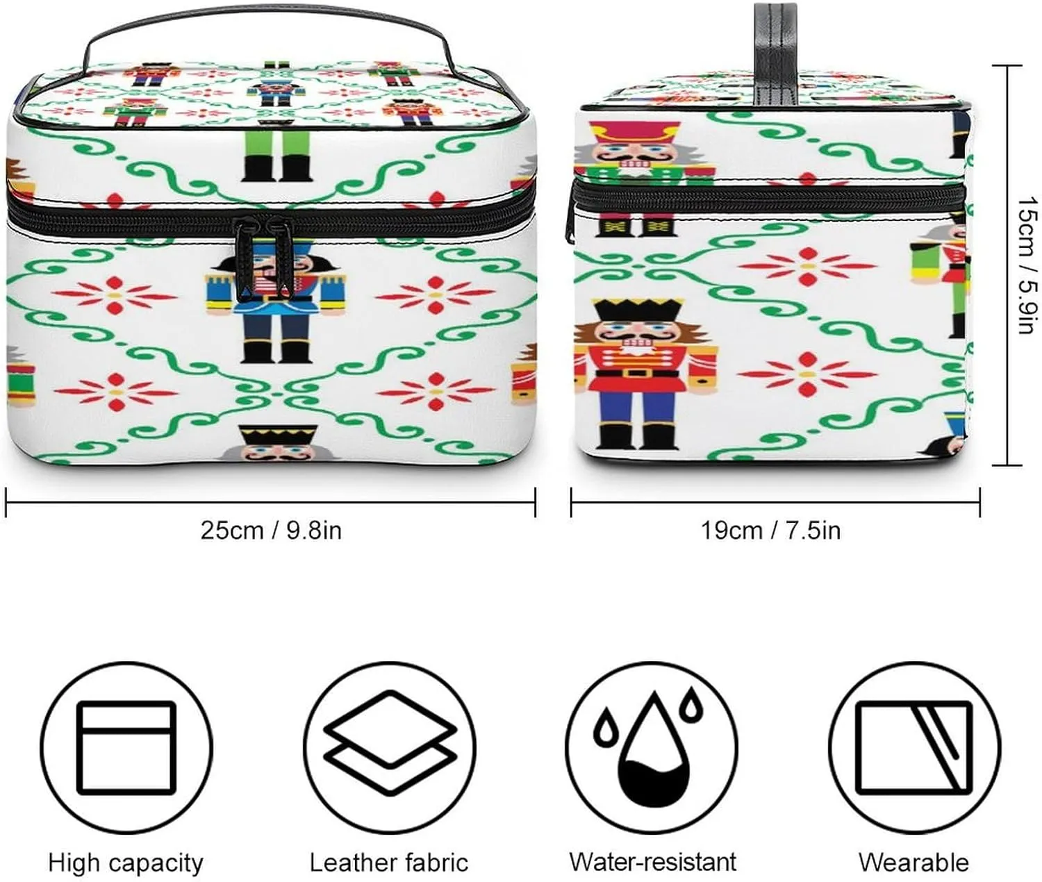 Large Women Wash Bag, Cosmetic Organizer Train Toiletry Storage Case Holder Zipper Makeup Bag Pouch 9.8x7.5x5.9 in Print Colorful Christmas Nutcrackers Seamless Soldier Figurines on White