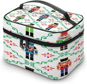 Large Women Wash Bag, Cosmetic Organizer Train Toiletry Storage Case Holder Zipper Makeup Bag Pouch 9.8x7.5x5.9 in Print Colorful Christmas Nutcrackers Seamless Soldier Figurines on White