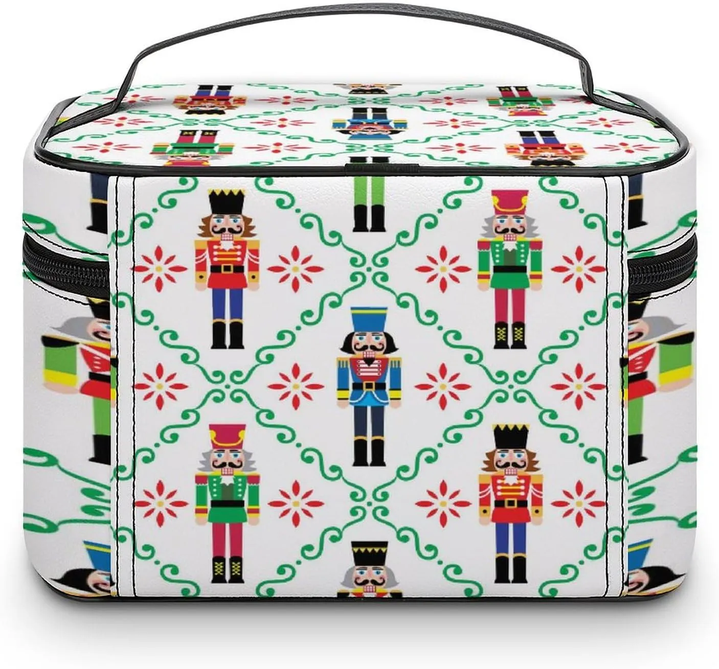 Large Women Wash Bag, Cosmetic Organizer Train Toiletry Storage Case Holder Zipper Makeup Bag Pouch 9.8x7.5x5.9 in Print Colorful Christmas Nutcrackers Seamless Soldier Figurines on White