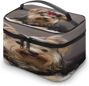 Large Women Wash Bag, Cosmetic Organizer Train Toiletry Storage Case Holder Zipper Makeup Bag Pouch 9.8x7.5x5.9 in Print Cute Brown Yorkshire Terrier Dog Sitting on White Feather Blanket