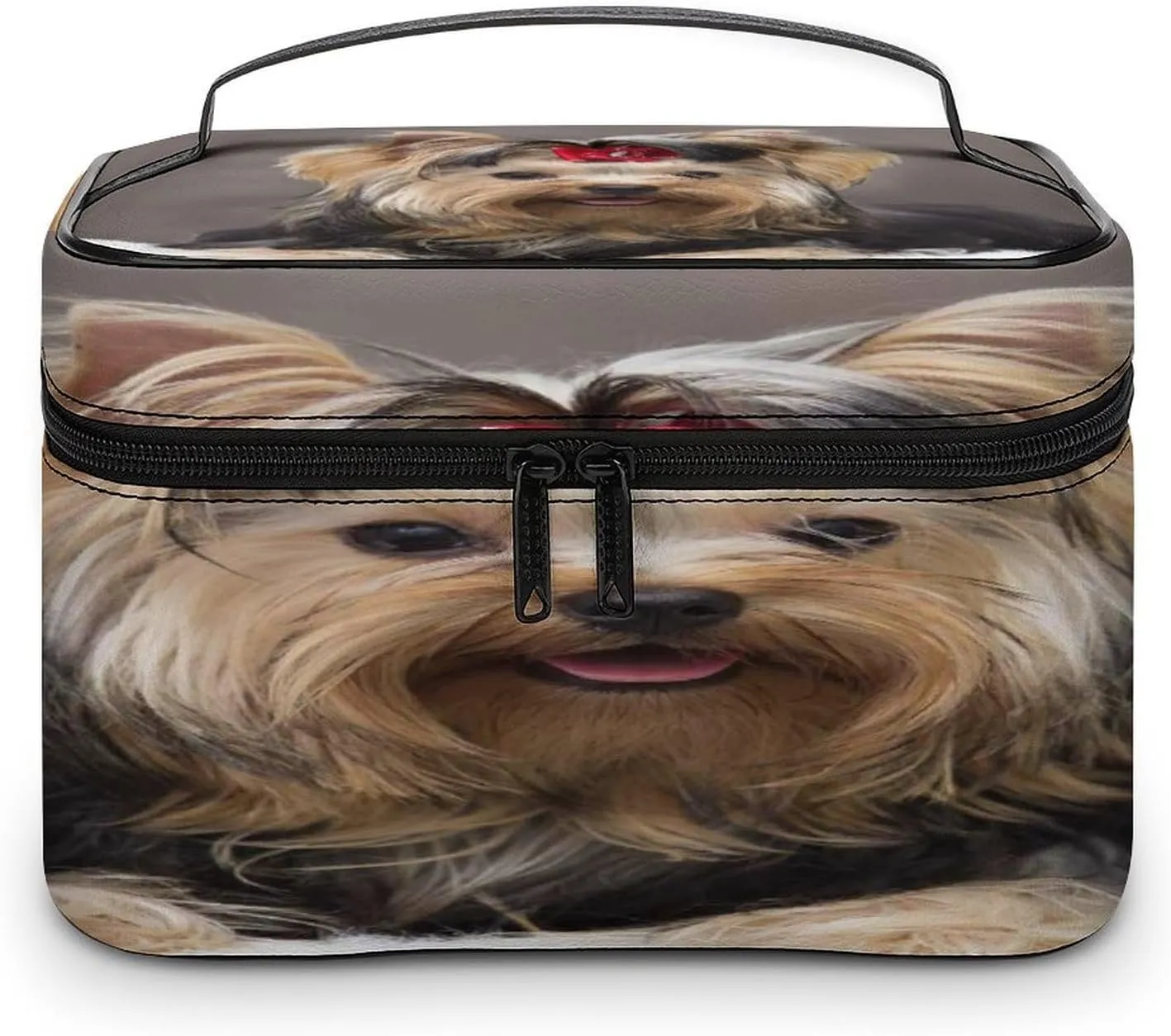 Large Women Wash Bag, Cosmetic Organizer Train Toiletry Storage Case Holder Zipper Makeup Bag Pouch 9.8x7.5x5.9 in Print Cute Brown Yorkshire Terrier Dog Sitting on White Feather Blanket