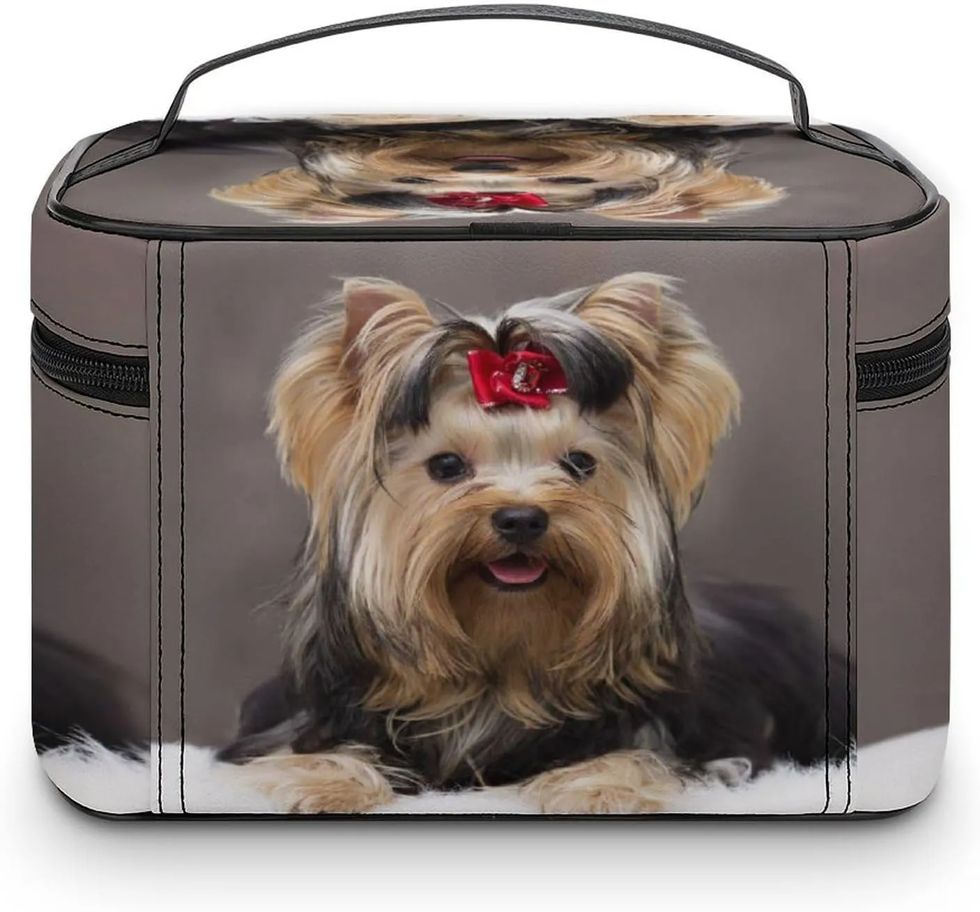 Large Women Wash Bag, Cosmetic Organizer Train Toiletry Storage Case Holder Zipper Makeup Bag Pouch 9.8x7.5x5.9 in Print Cute Brown Yorkshire Terrier Dog Sitting on White Feather Blanket