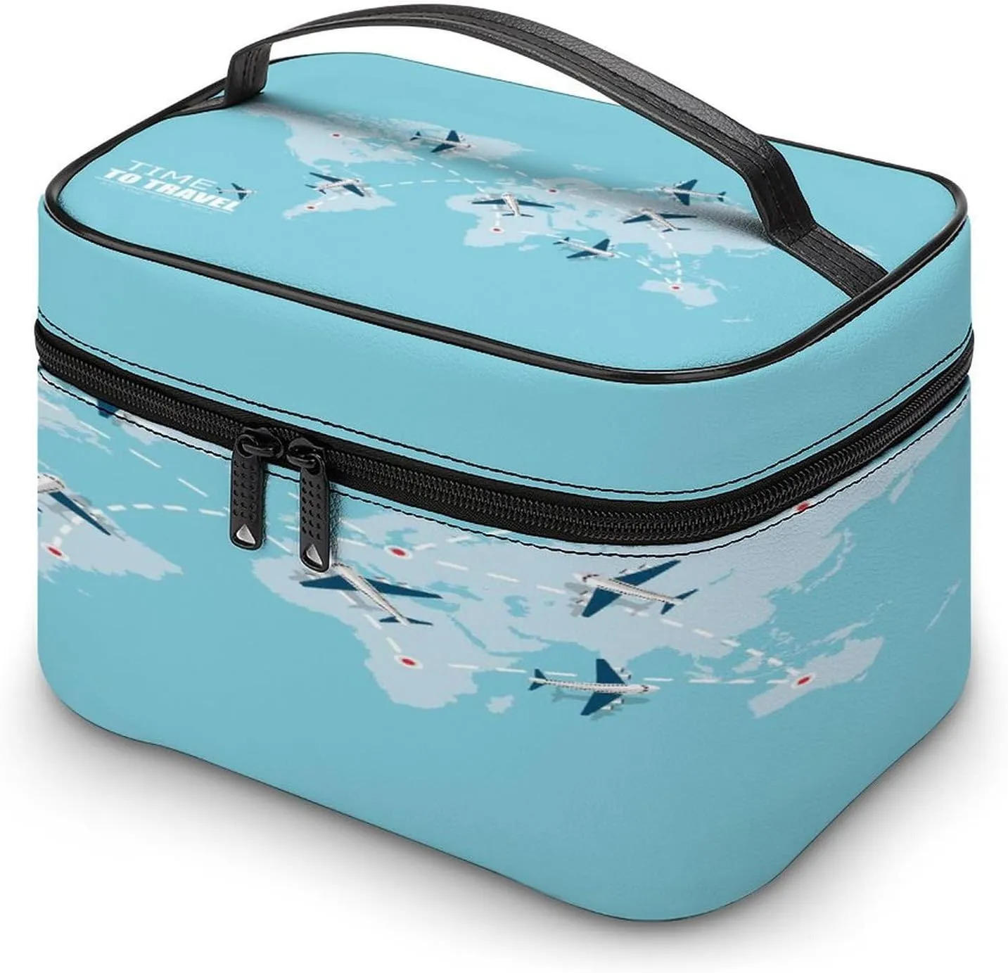 Large Women Wash Bag, Cosmetic Organizer Train Toiletry Storage Case Holder Zipper Makeup Bag Pouch 9.8x7.5x5.9 in Print Flying Airplane with Dash Path Line Travel Concept on Turquoise