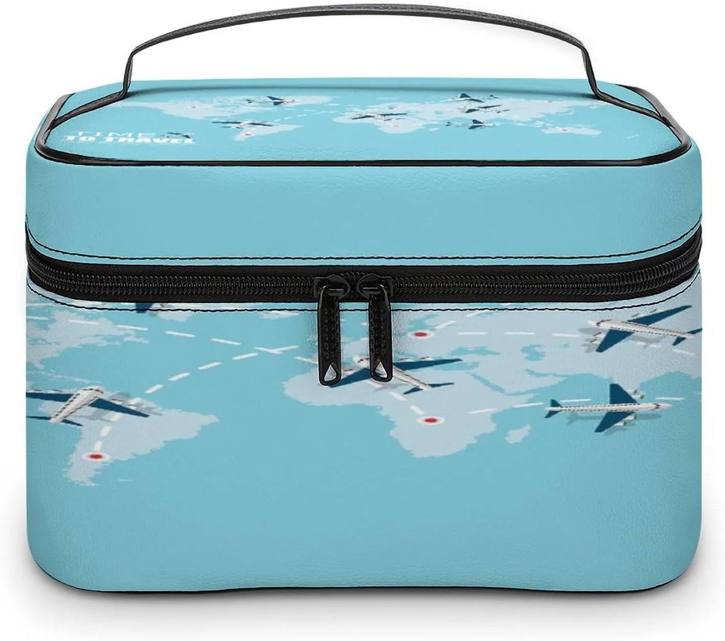 Large Women Wash Bag, Cosmetic Organizer Train Toiletry Storage Case Holder Zipper Makeup Bag Pouch 9.8x7.5x5.9 in Print Flying Airplane with Dash Path Line Travel Concept on Turquoise