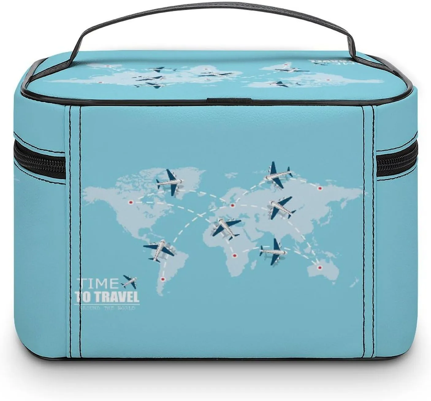 Large Women Wash Bag, Cosmetic Organizer Train Toiletry Storage Case Holder Zipper Makeup Bag Pouch 9.8x7.5x5.9 in Print Flying Airplane with Dash Path Line Travel Concept on Turquoise