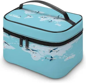 Large Women Wash Bag, Cosmetic Organizer Train Toiletry Storage Case Holder Zipper Makeup Bag Pouch 9.8x7.5x5.9 in Print Flying Airplane with Dash Path Line Travel Concept on Turquoise