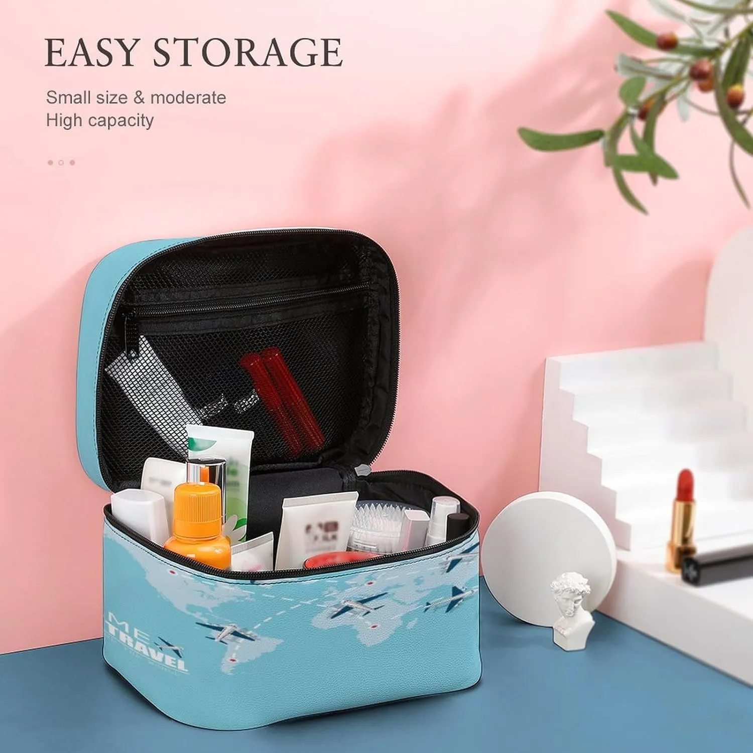 Large Women Wash Bag, Cosmetic Organizer Train Toiletry Storage Case Holder Zipper Makeup Bag Pouch 9.8x7.5x5.9 in Print Flying Airplane with Dash Path Line Travel Concept on Turquoise