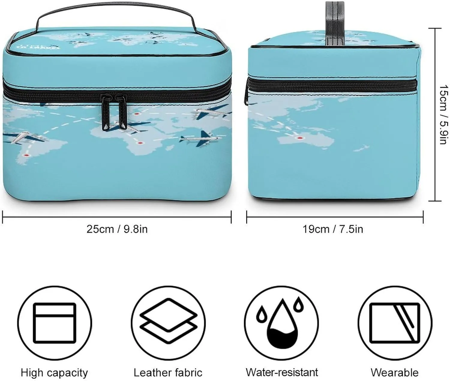 Large Women Wash Bag, Cosmetic Organizer Train Toiletry Storage Case Holder Zipper Makeup Bag Pouch 9.8x7.5x5.9 in Print Flying Airplane with Dash Path Line Travel Concept on Turquoise