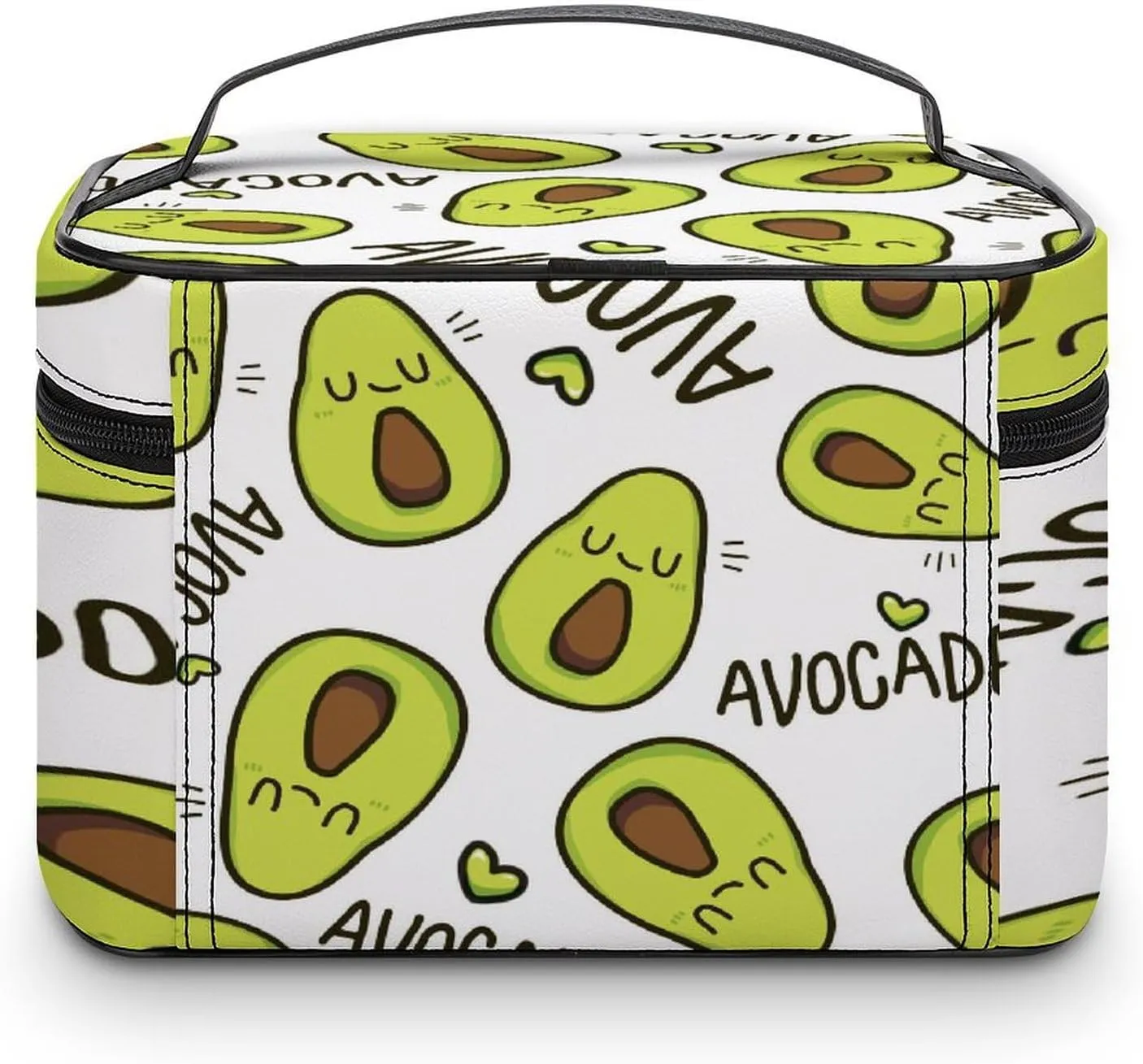 Large Women Wash Bag, Cosmetic Organizer Train Toiletry Storage Case Holder Zipper Makeup Bag Pouch 9.8x7.5x5.9 in Print Seamless Green Sleeping Smile Avocado with Hearts on White