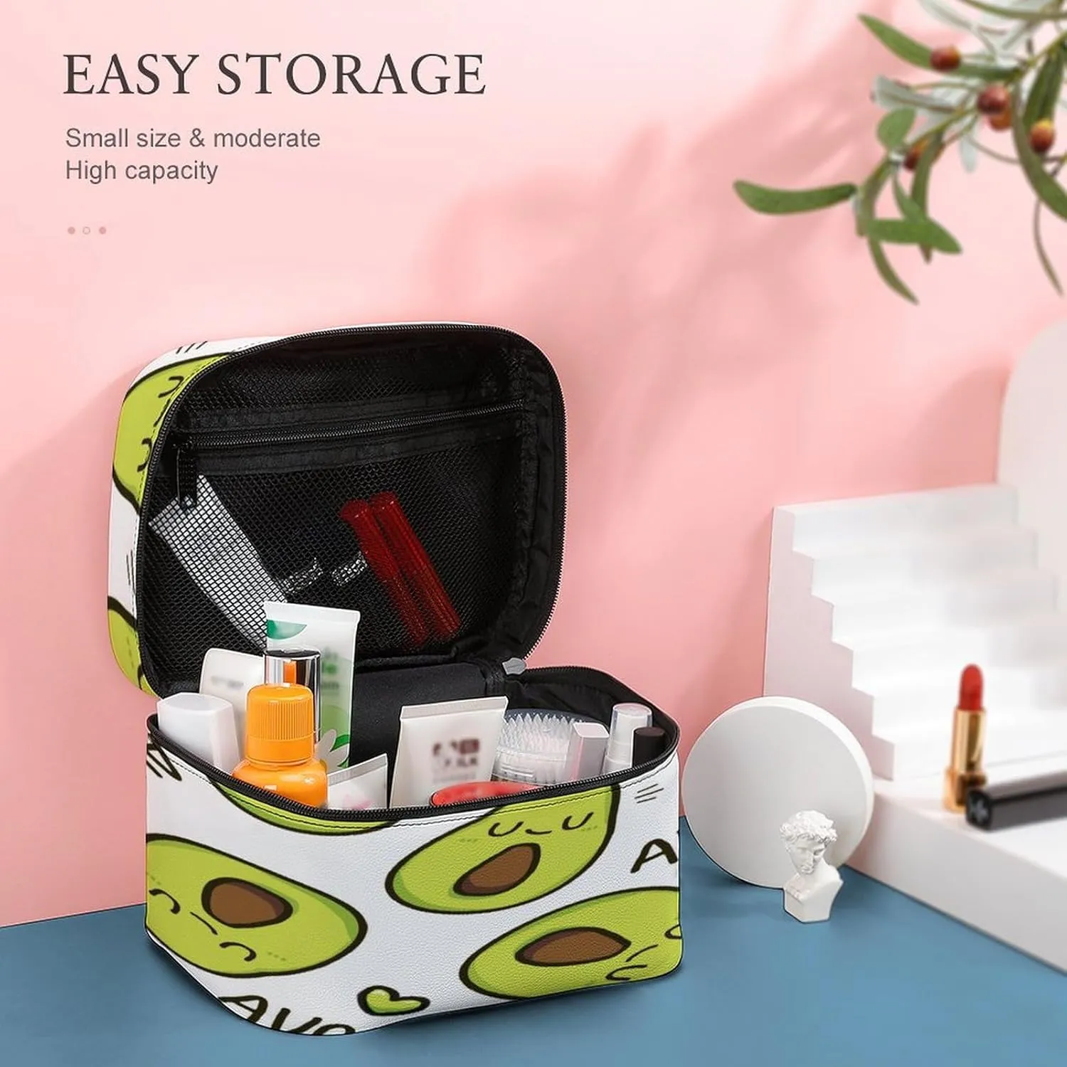 Large Women Wash Bag, Cosmetic Organizer Train Toiletry Storage Case Holder Zipper Makeup Bag Pouch 9.8x7.5x5.9 in Print Seamless Green Sleeping Smile Avocado with Hearts on White