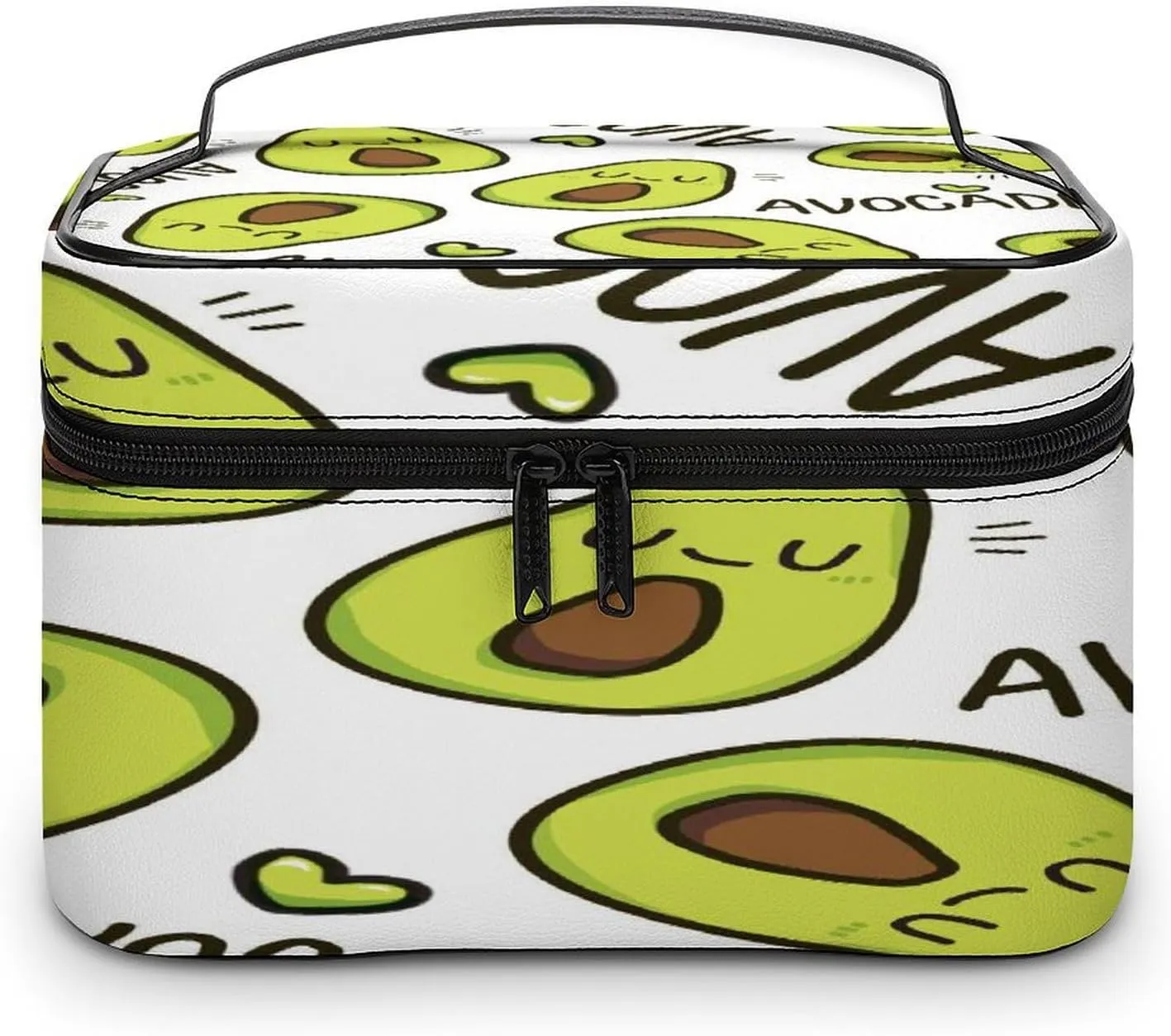Large Women Wash Bag, Cosmetic Organizer Train Toiletry Storage Case Holder Zipper Makeup Bag Pouch 9.8x7.5x5.9 in Print Seamless Green Sleeping Smile Avocado with Hearts on White
