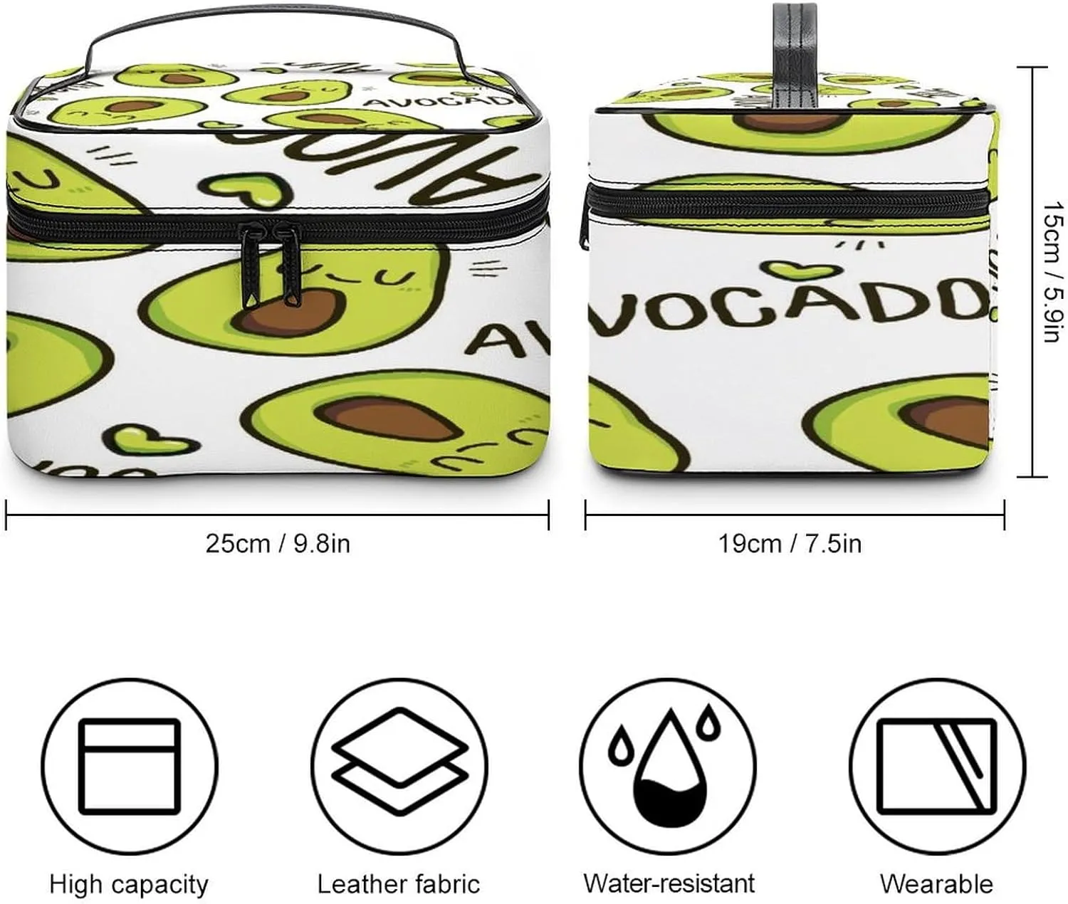 Large Women Wash Bag, Cosmetic Organizer Train Toiletry Storage Case Holder Zipper Makeup Bag Pouch 9.8x7.5x5.9 in Print Seamless Green Sleeping Smile Avocado with Hearts on White