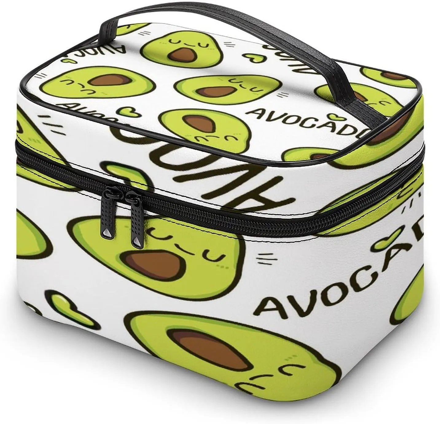 Large Women Wash Bag, Cosmetic Organizer Train Toiletry Storage Case Holder Zipper Makeup Bag Pouch 9.8x7.5x5.9 in Print Seamless Green Sleeping Smile Avocado with Hearts on White