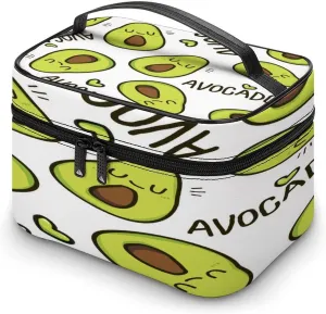 Large Women Wash Bag, Cosmetic Organizer Train Toiletry Storage Case Holder Zipper Makeup Bag Pouch 9.8x7.5x5.9 in Print Seamless Green Sleeping Smile Avocado with Hearts on White