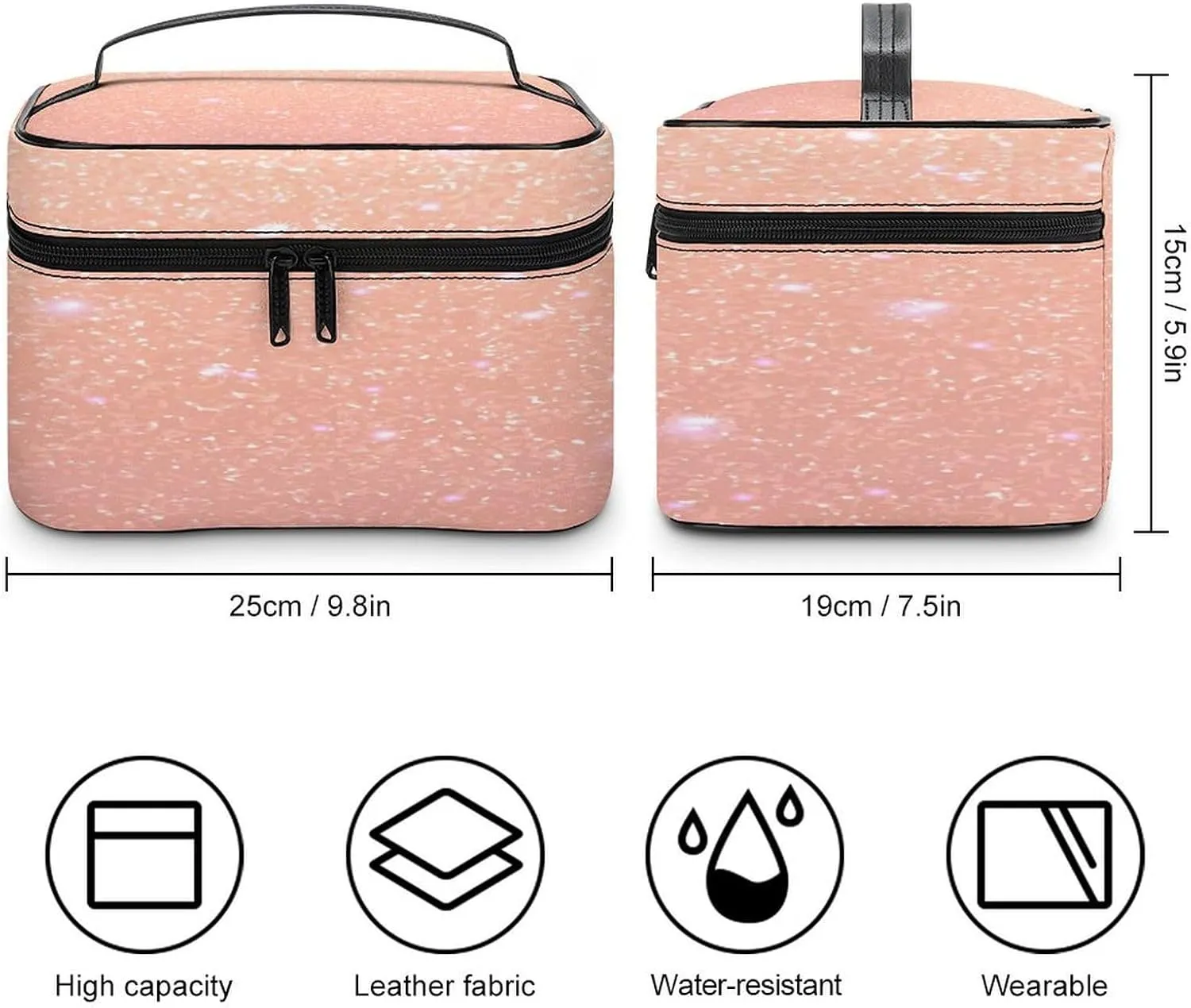 Large Women Wash Bag, Cosmetic Organizer Train Toiletry Storage Case Holder Zipper Makeup Bag Pouch 9.8x7.5x5.9 in Print Soft Pink Galaxy with White Sparks Glitters Seamless Texture