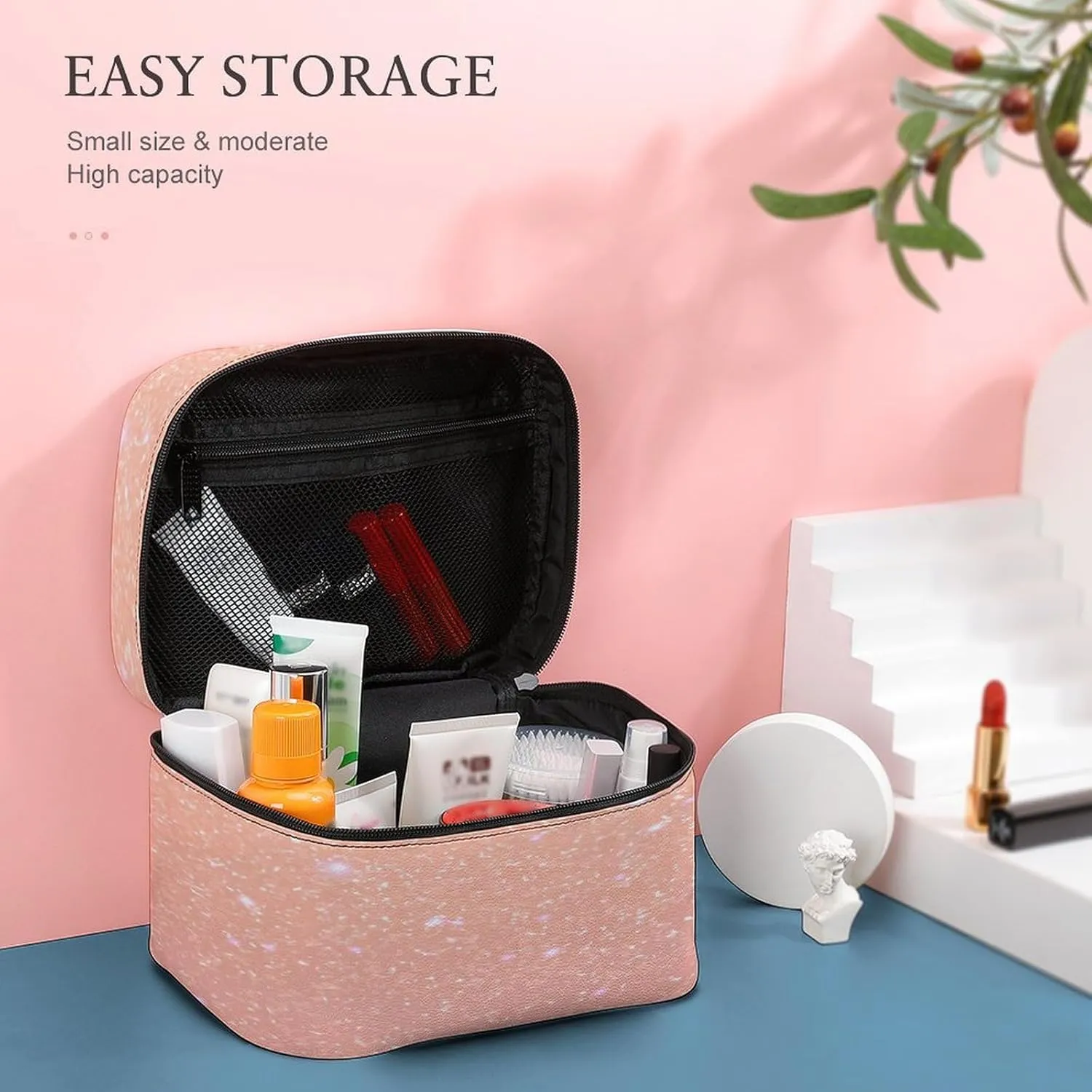 Large Women Wash Bag, Cosmetic Organizer Train Toiletry Storage Case Holder Zipper Makeup Bag Pouch 9.8x7.5x5.9 in Print Soft Pink Galaxy with White Sparks Glitters Seamless Texture