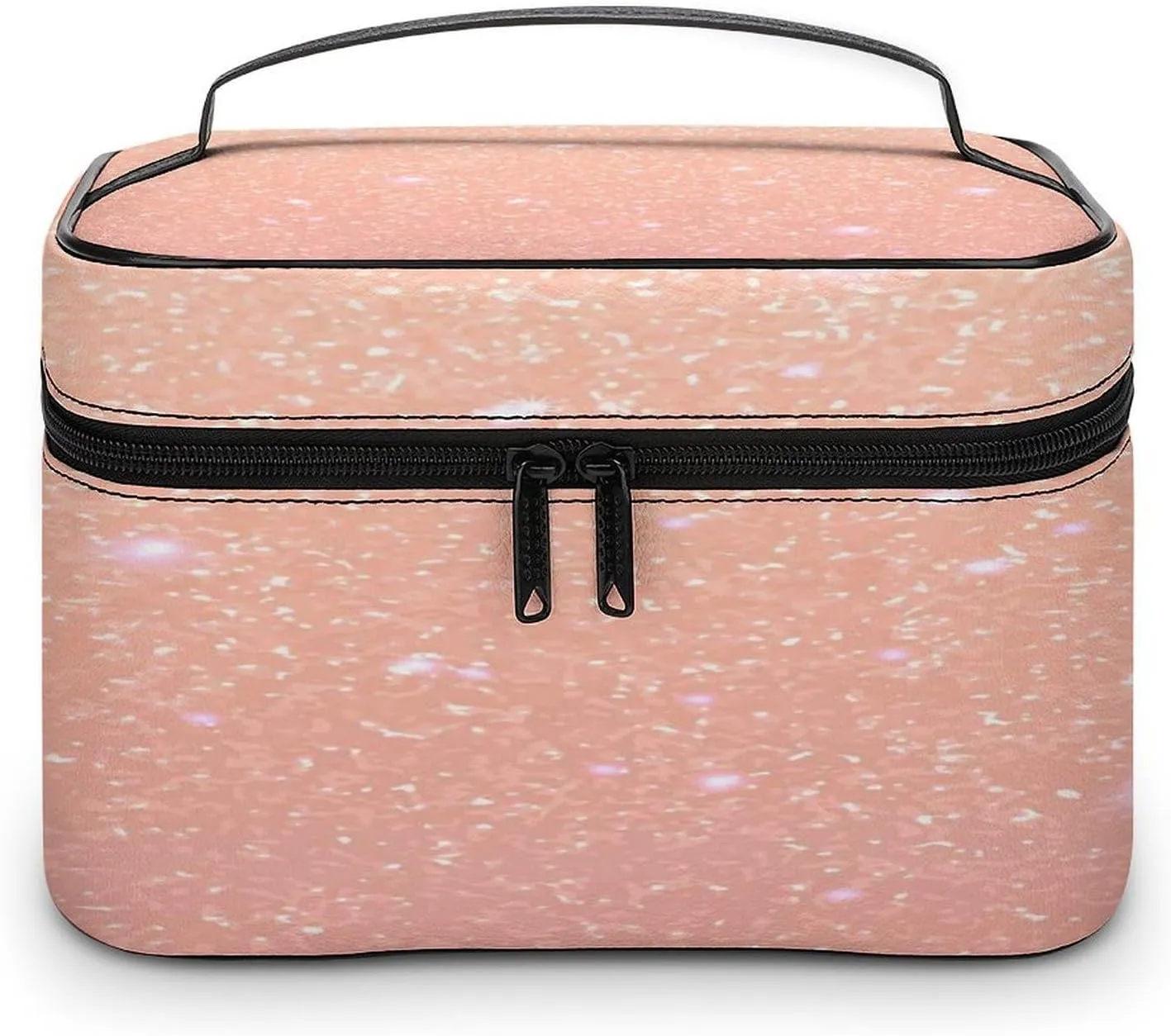 Large Women Wash Bag, Cosmetic Organizer Train Toiletry Storage Case Holder Zipper Makeup Bag Pouch 9.8x7.5x5.9 in Print Soft Pink Galaxy with White Sparks Glitters Seamless Texture
