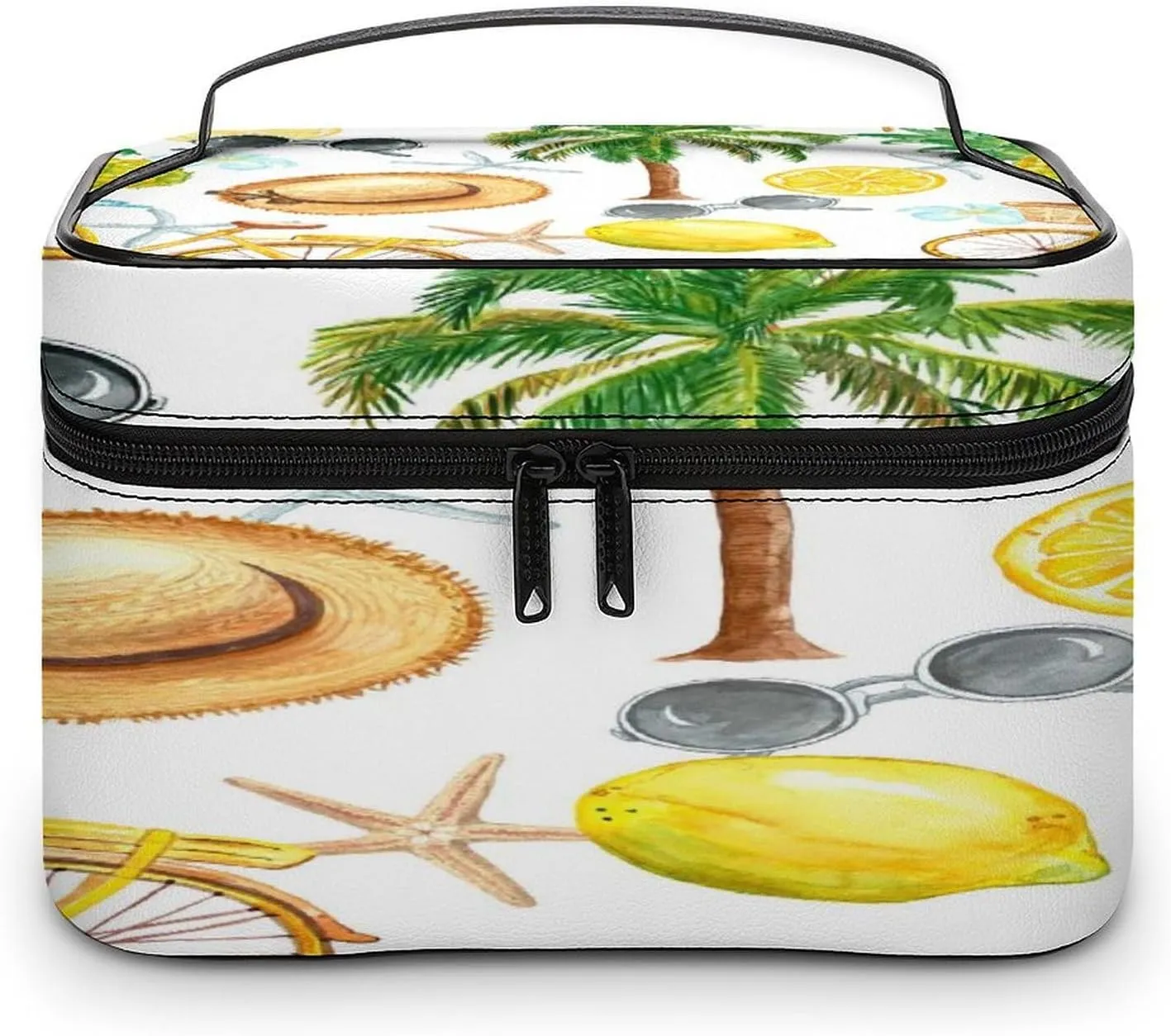 Large Women Wash Bag, Cosmetic Organizer Train Toiletry Storage Case Holder Zipper Makeup Bag Pouch 9.8x7.5x5.9 in Print Summer Bicycle, sunglasses, Palm Trees, Lemons, Pineapple, Straw Ha