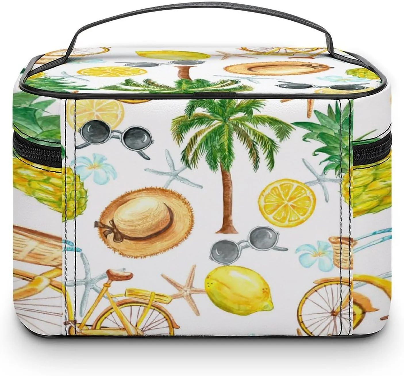 Large Women Wash Bag, Cosmetic Organizer Train Toiletry Storage Case Holder Zipper Makeup Bag Pouch 9.8x7.5x5.9 in Print Summer Bicycle, sunglasses, Palm Trees, Lemons, Pineapple, Straw Ha