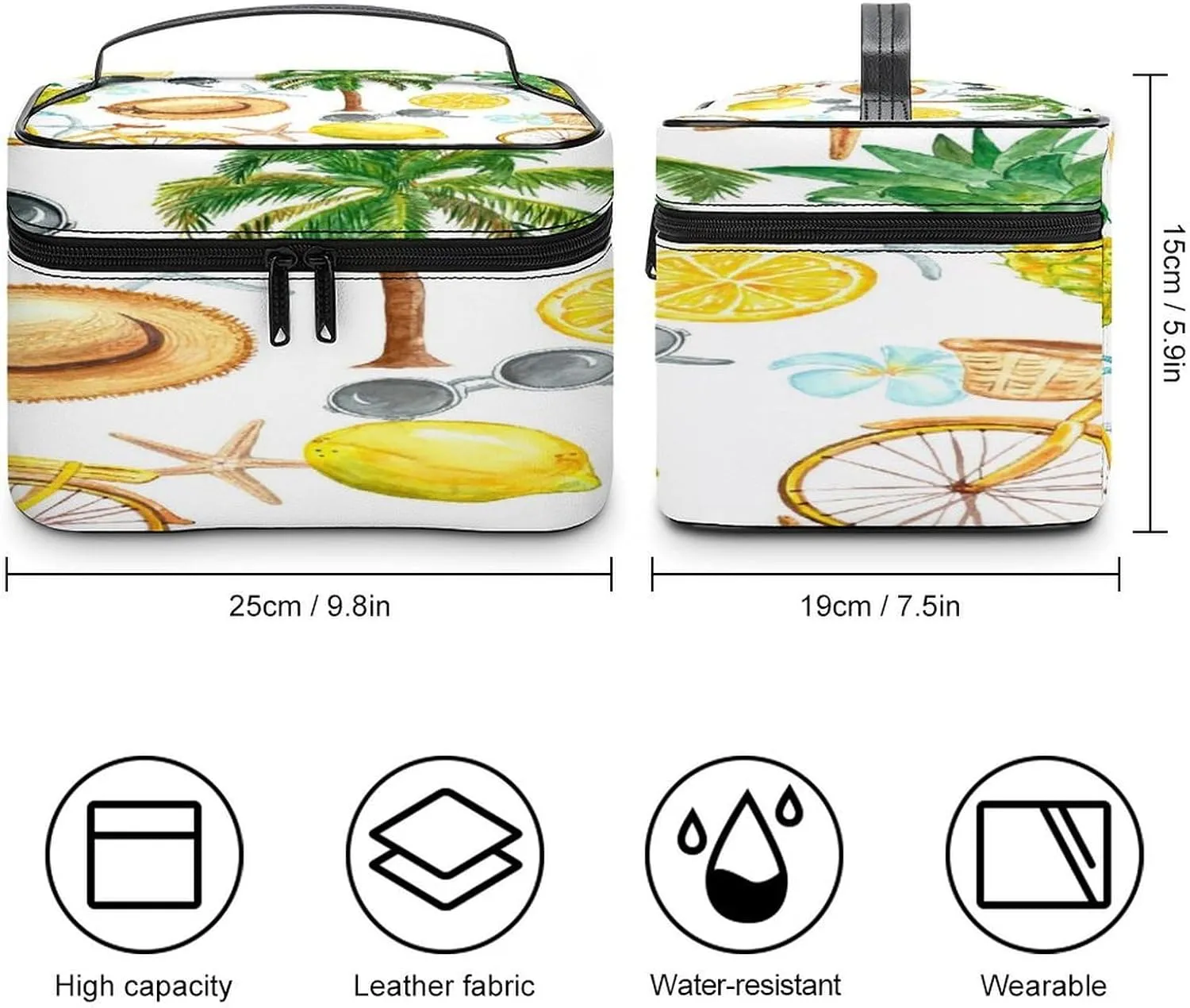 Large Women Wash Bag, Cosmetic Organizer Train Toiletry Storage Case Holder Zipper Makeup Bag Pouch 9.8x7.5x5.9 in Print Summer Bicycle, sunglasses, Palm Trees, Lemons, Pineapple, Straw Ha