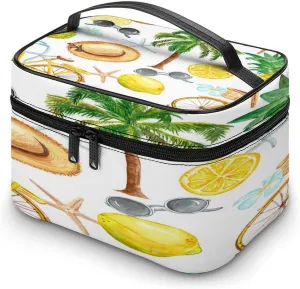 Large Women Wash Bag, Cosmetic Organizer Train Toiletry Storage Case Holder Zipper Makeup Bag Pouch 9.8x7.5x5.9 in Print Summer Bicycle, sunglasses, Palm Trees, Lemons, Pineapple, Straw Ha