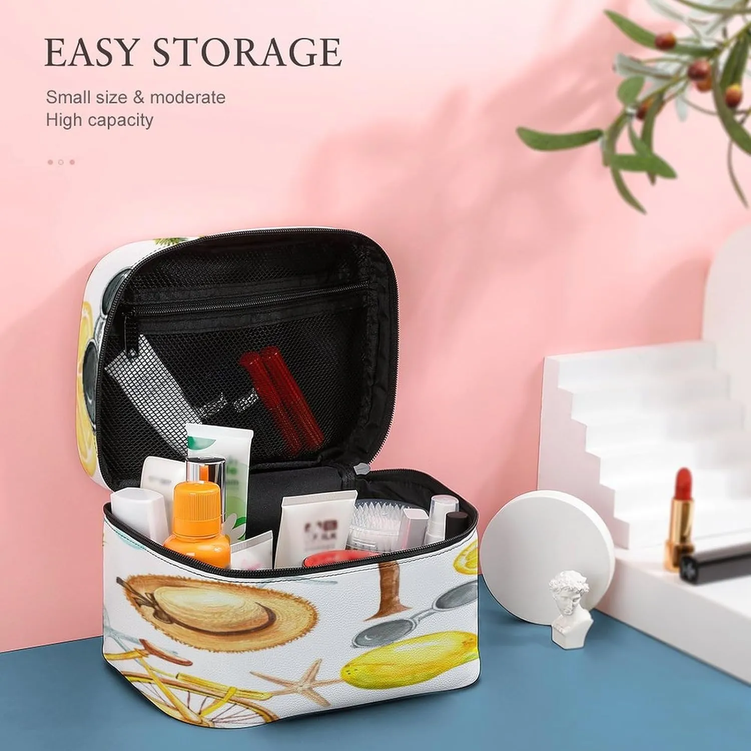 Large Women Wash Bag, Cosmetic Organizer Train Toiletry Storage Case Holder Zipper Makeup Bag Pouch 9.8x7.5x5.9 in Print Summer Bicycle, sunglasses, Palm Trees, Lemons, Pineapple, Straw Ha