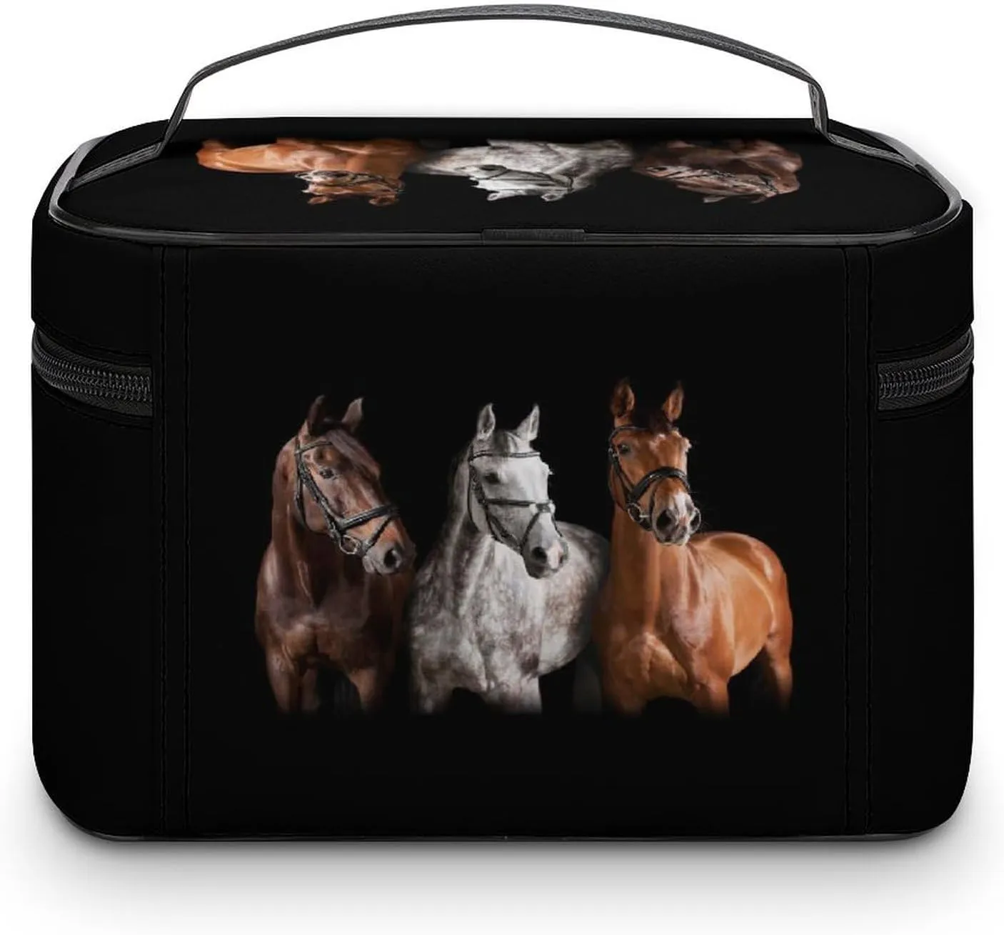 Large Women Wash Bag, Cosmetic Organizer Train Toiletry Storage Case Holder Zipper Makeup Bag Pouch 9.8x7.5x5.9 in Print Three Horses in Brown White Colors with Bridle against on Black