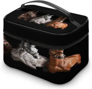 Large Women Wash Bag, Cosmetic Organizer Train Toiletry Storage Case Holder Zipper Makeup Bag Pouch 9.8x7.5x5.9 in Print Three Horses in Brown White Colors with Bridle against on Black