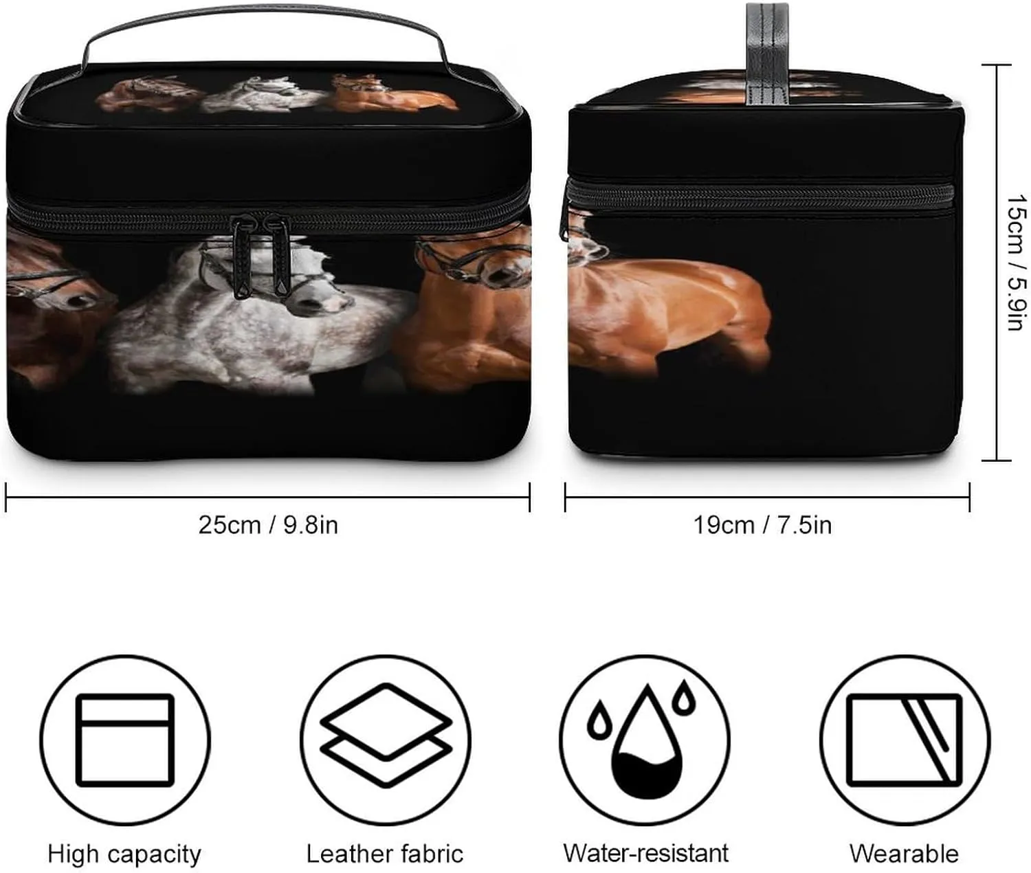 Large Women Wash Bag, Cosmetic Organizer Train Toiletry Storage Case Holder Zipper Makeup Bag Pouch 9.8x7.5x5.9 in Print Three Horses in Brown White Colors with Bridle against on Black
