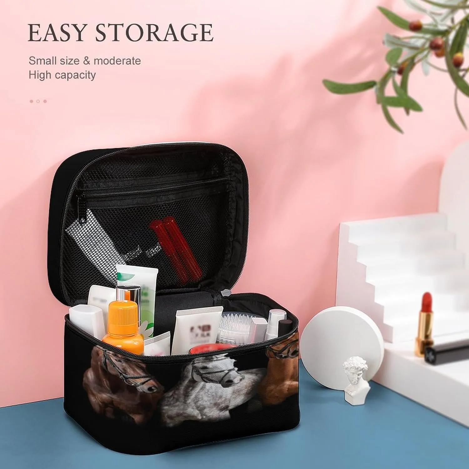 Large Women Wash Bag, Cosmetic Organizer Train Toiletry Storage Case Holder Zipper Makeup Bag Pouch 9.8x7.5x5.9 in Print Three Horses in Brown White Colors with Bridle against on Black