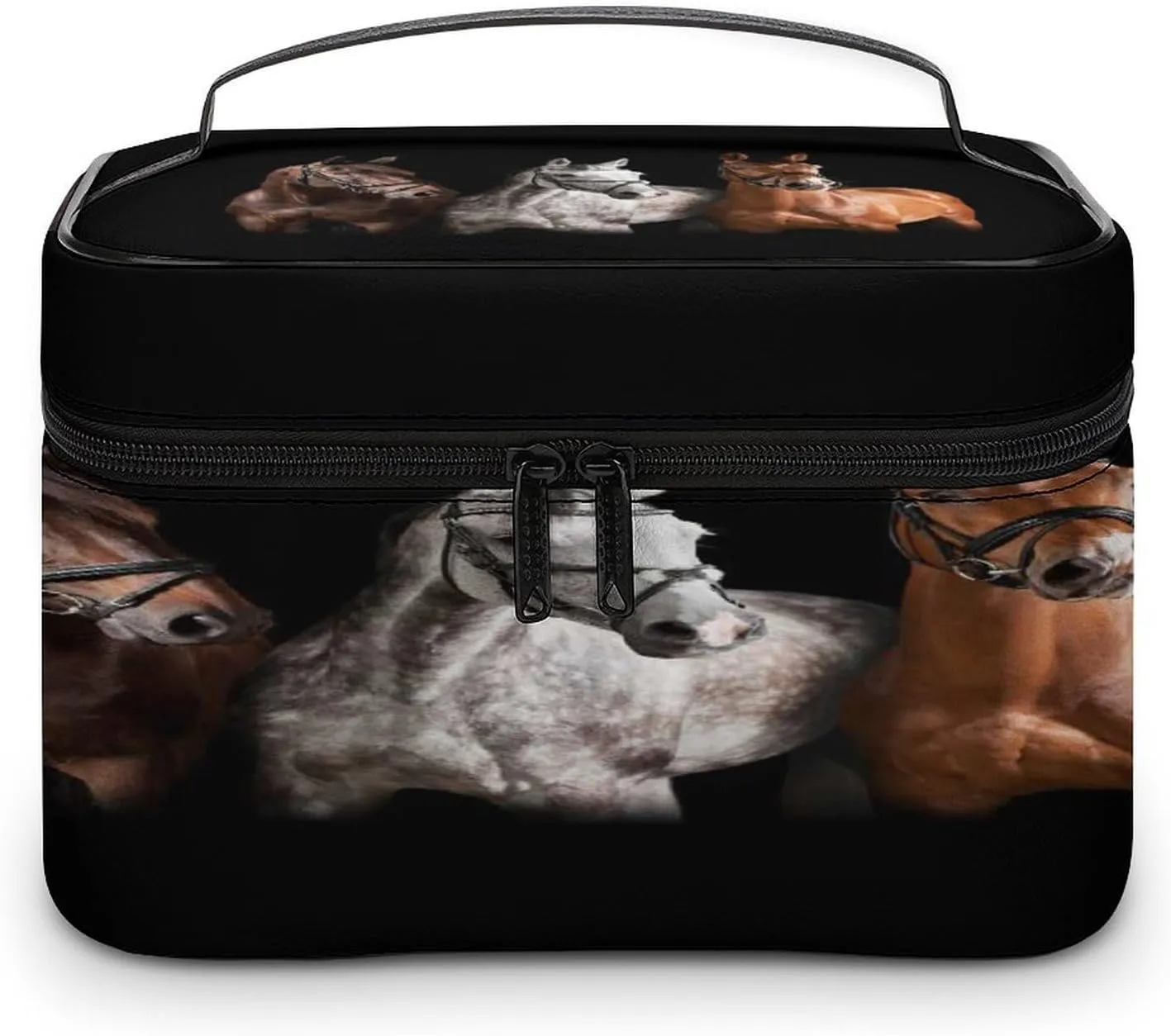 Large Women Wash Bag, Cosmetic Organizer Train Toiletry Storage Case Holder Zipper Makeup Bag Pouch 9.8x7.5x5.9 in Print Three Horses in Brown White Colors with Bridle against on Black