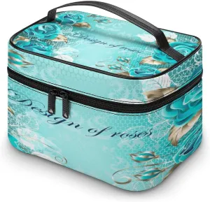 Large Women Wash Bag, Cosmetic Organizer Train Toiletry Storage Case Holder Zipper Makeup Bag Pouch 9.8x7.5x5.9 in Print Turquoise Roses Gold Platinum leaves on Lace Pattern