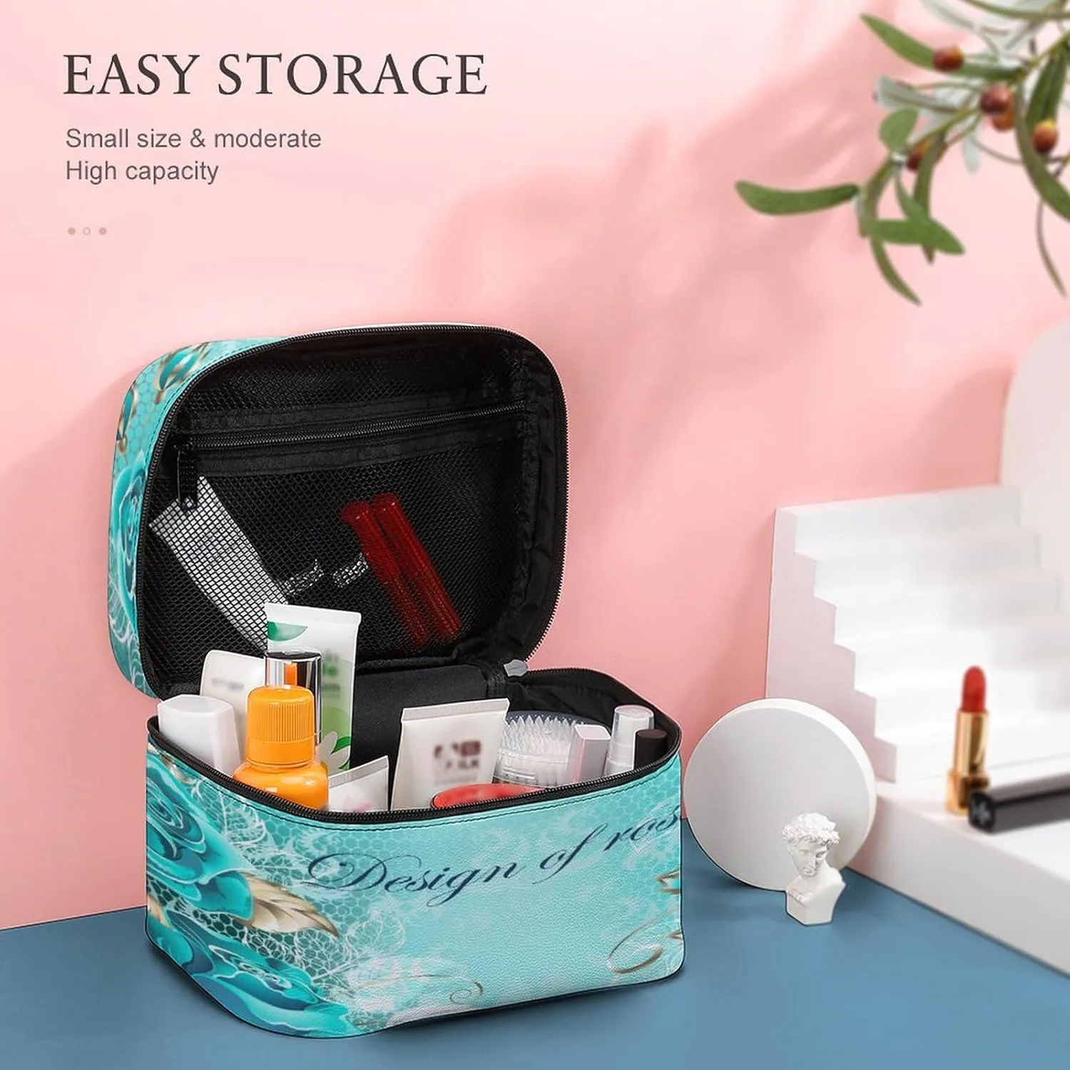 Large Women Wash Bag, Cosmetic Organizer Train Toiletry Storage Case Holder Zipper Makeup Bag Pouch 9.8x7.5x5.9 in Print Turquoise Roses Gold Platinum leaves on Lace Pattern
