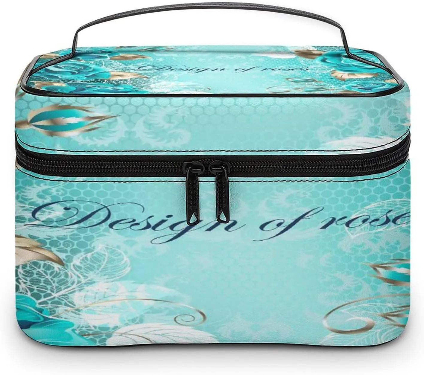 Large Women Wash Bag, Cosmetic Organizer Train Toiletry Storage Case Holder Zipper Makeup Bag Pouch 9.8x7.5x5.9 in Print Turquoise Roses Gold Platinum leaves on Lace Pattern