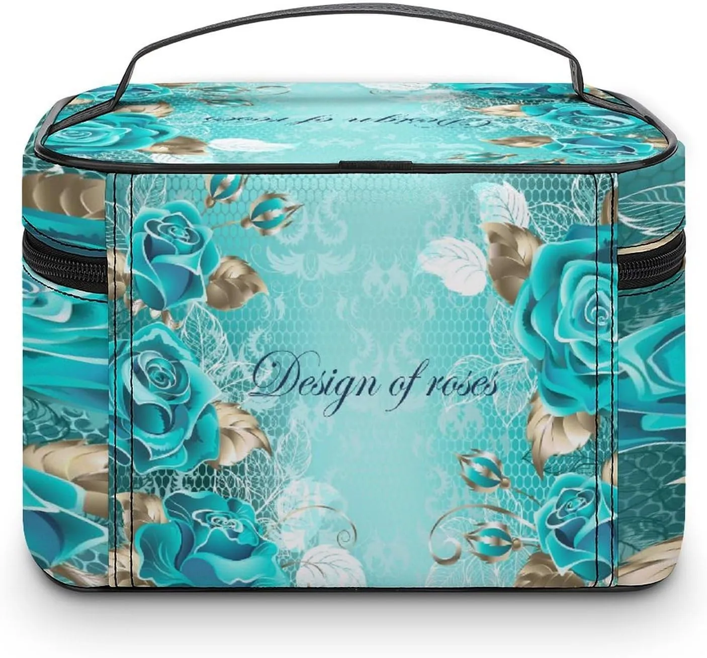 Large Women Wash Bag, Cosmetic Organizer Train Toiletry Storage Case Holder Zipper Makeup Bag Pouch 9.8x7.5x5.9 in Print Turquoise Roses Gold Platinum leaves on Lace Pattern