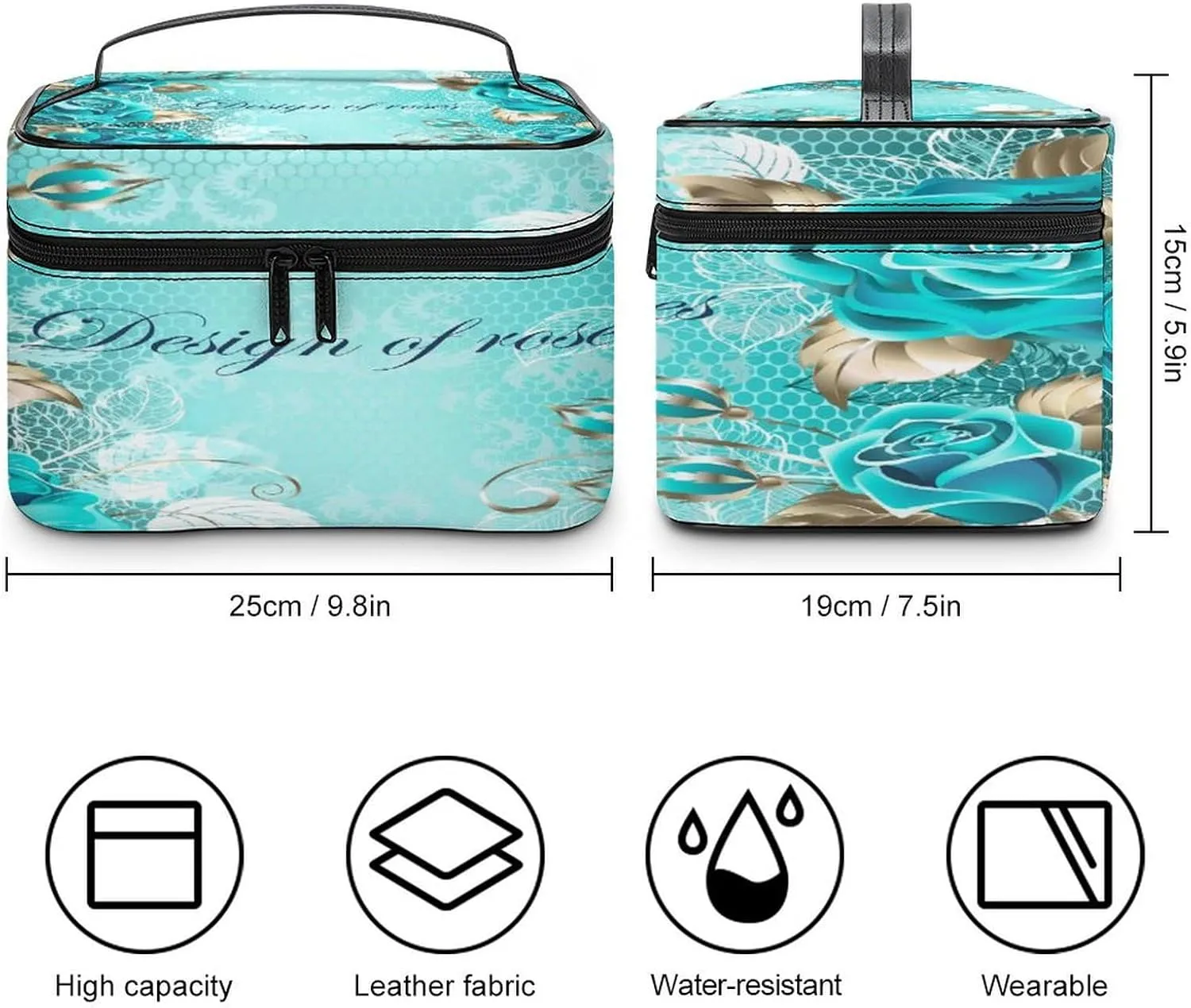 Large Women Wash Bag, Cosmetic Organizer Train Toiletry Storage Case Holder Zipper Makeup Bag Pouch 9.8x7.5x5.9 in Print Turquoise Roses Gold Platinum leaves on Lace Pattern