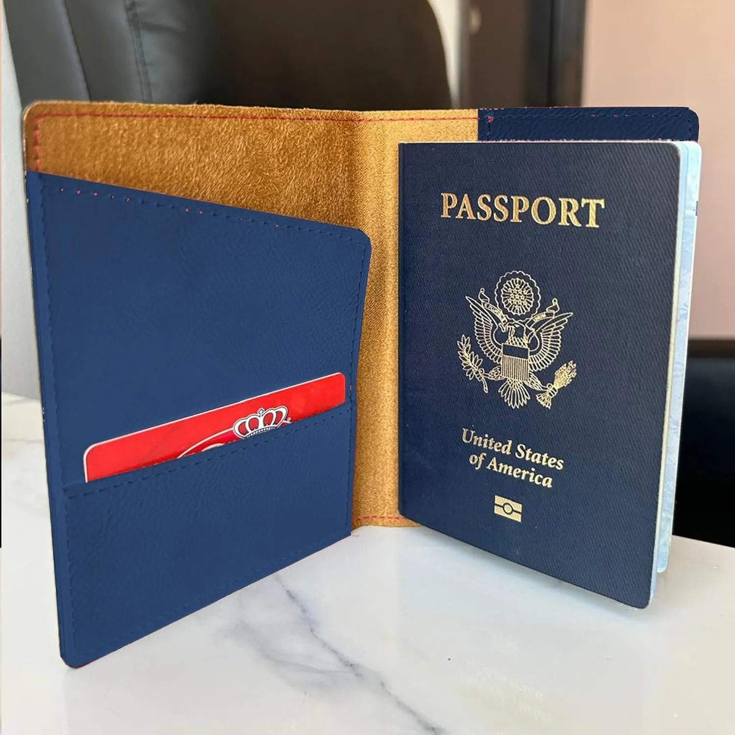 LaserGram Faux Leather Passport Holder, Basketball Slam Dunk Man, Personalized Engraving Included (Dark Blue)