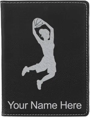 LaserGram Faux Leather Passport Holder, Basketball Slam Dunk Woman, Personalized Engraving Included (Black with Silver)