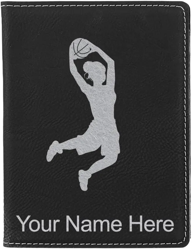 LaserGram Faux Leather Passport Holder, Basketball Slam Dunk Woman, Personalized Engraving Included (Black with Silver)