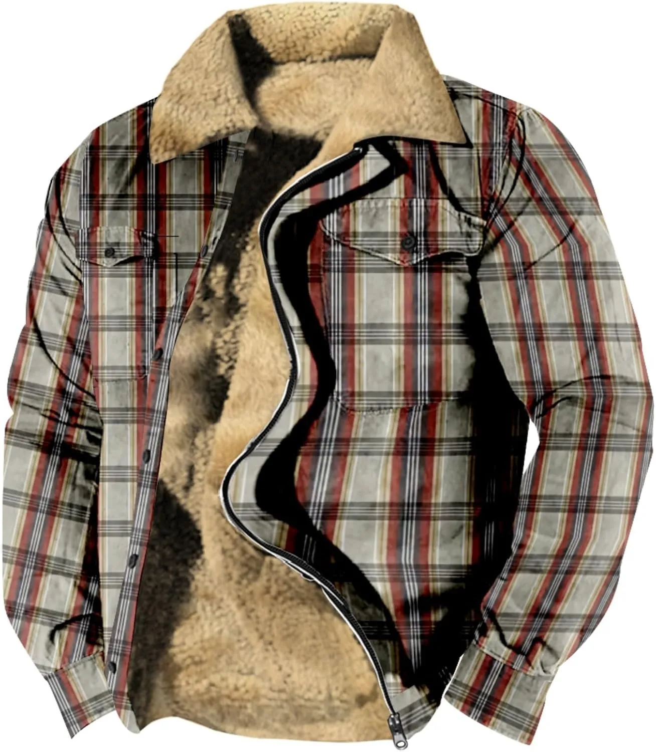 LCMTWX Fleece Plaid Flannel Jacket Plaid Print Lapel Button Down Pocket Long Sleeve Shirt Patchwork Jacket Thickened Sherpa