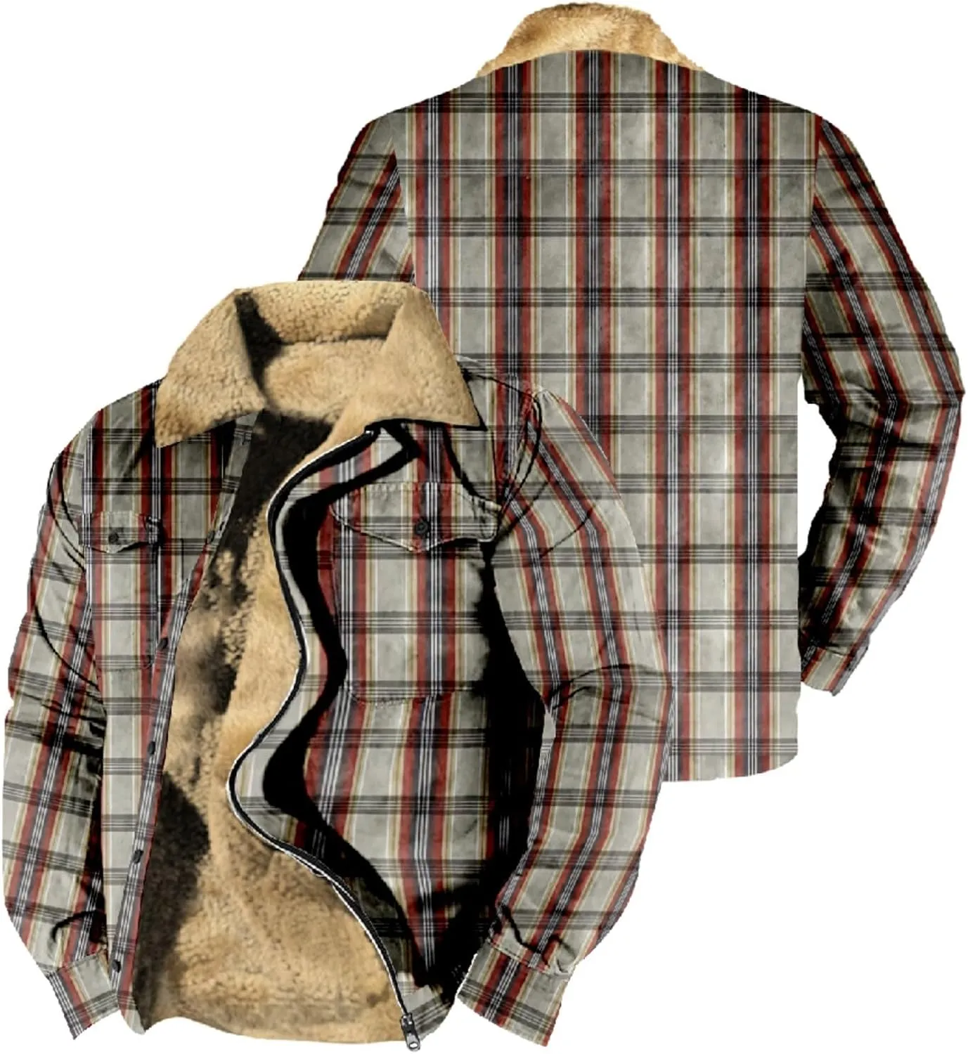 LCMTWX Fleece Plaid Flannel Jacket Plaid Print Lapel Button Down Pocket Long Sleeve Shirt Patchwork Jacket Thickened Sherpa