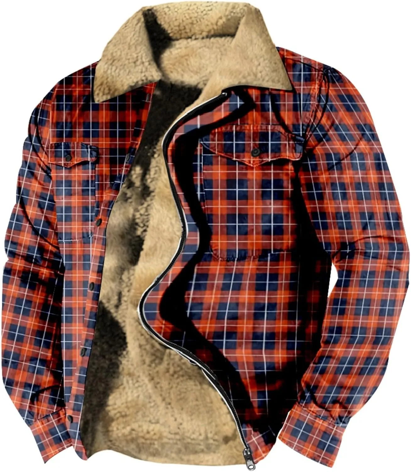 LCMTWX Fleece Plaid Flannel Jacket Plaid Print Lapel Button Down Pocket Long Sleeve Shirt Patchwork Jacket Thickened Sherpa