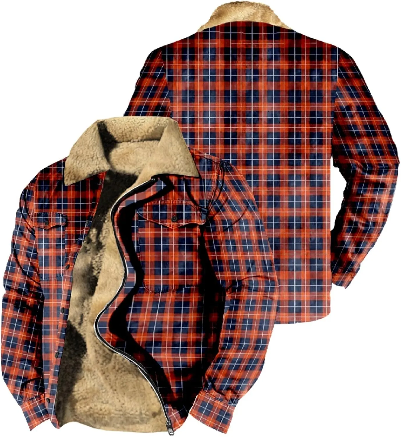 LCMTWX Fleece Plaid Flannel Jacket Plaid Print Lapel Button Down Pocket Long Sleeve Shirt Patchwork Jacket Thickened Sherpa