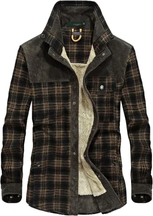 LCMTWX Mens Flannel Jacket Casual Plaid Print Lapel Button Down Pocket Long Sleeve Shirt Patchwork Jacket Thickened ​Coat