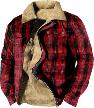 LCMTWX Men's Flannel Jackets Winter Retro Print Hooded Zipper Pocket Long Sleeve Shirt Patchwork Lightweight Shirt Heavy