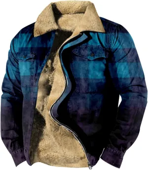 LCMTWX Men's Flannel Jackets Winter Retro Print Hooded Zipper Pocket Long Sleeve Shirt Patchwork Lightweight Shirt Heavy