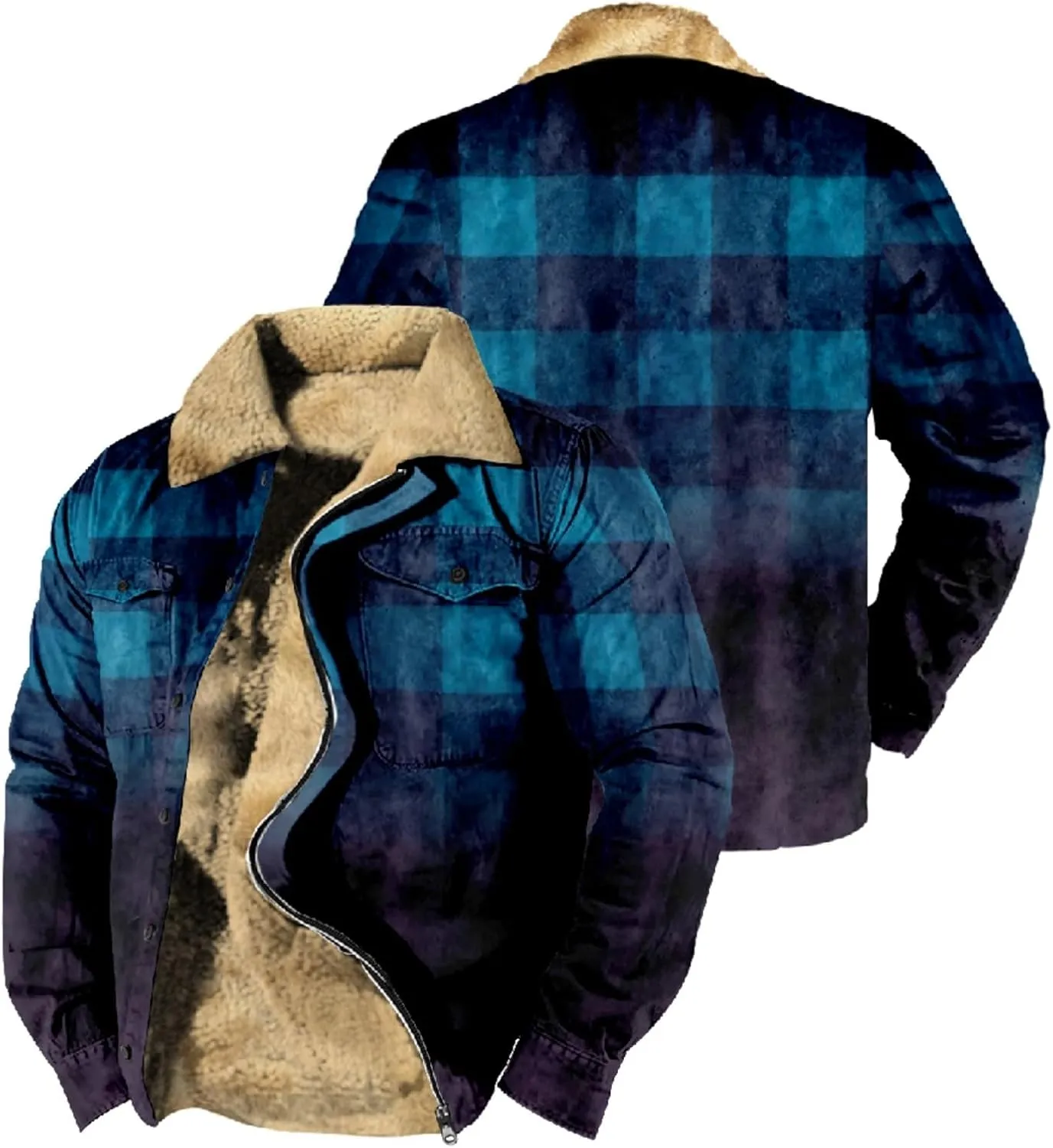 LCMTWX Men's Flannel Jackets Winter Retro Print Hooded Zipper Pocket Long Sleeve Shirt Patchwork Lightweight Shirt Heavy
