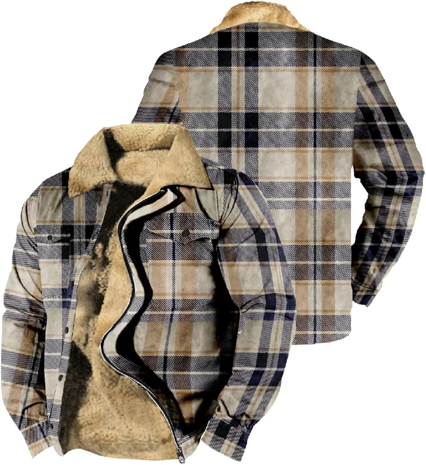 LCMTWX Men's Flannel Jackets Winter Retro Print Hooded Zipper Pocket Long Sleeve Shirt Patchwork Lightweight Shirt Heavy
