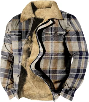 LCMTWX Men's Flannel Jackets Winter Retro Print Hooded Zipper Pocket Long Sleeve Shirt Patchwork Lightweight Shirt Heavy